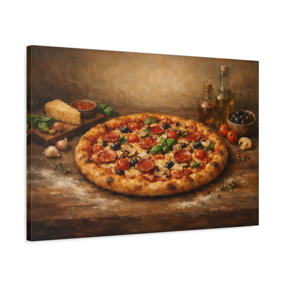 Side Mockup 2. Vintage Pizza Rustic Italian Food shown as stretched canvas wall art
