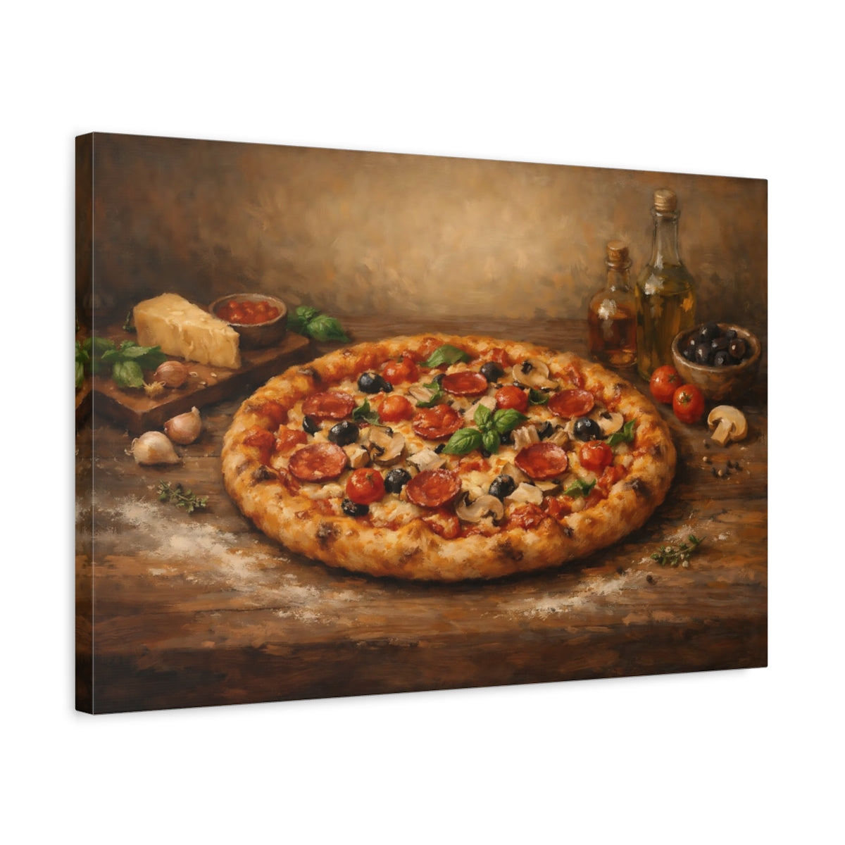 Side Mockup 3. Vintage Pizza Rustic Italian Food shown as stretched canvas wall art