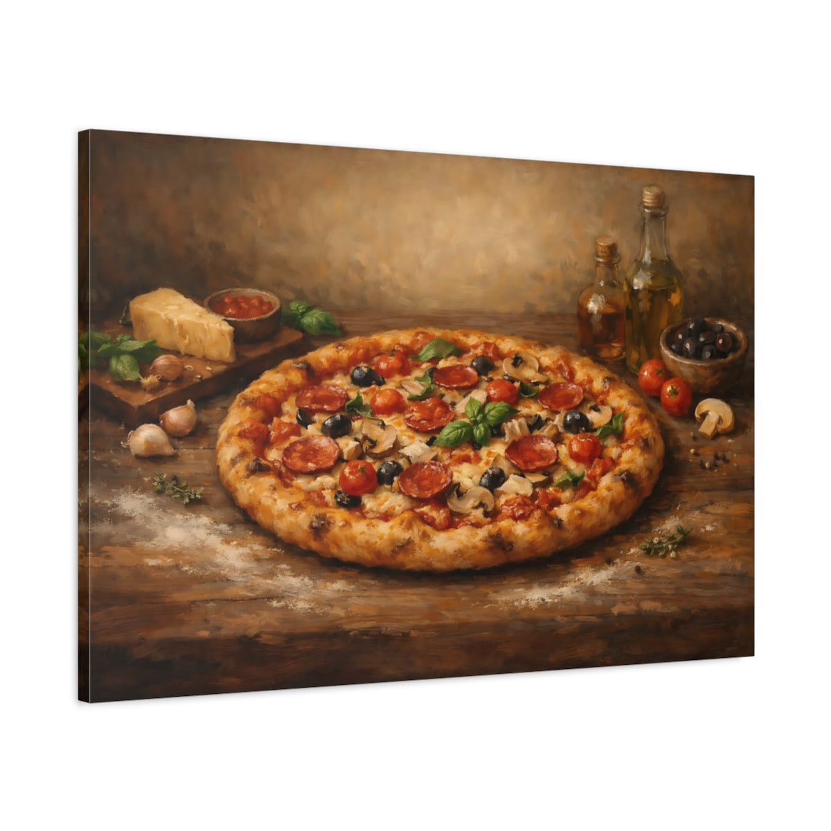 Side Mockup 1. Vintage Pizza Rustic Italian Food shown as stretched canvas wall art