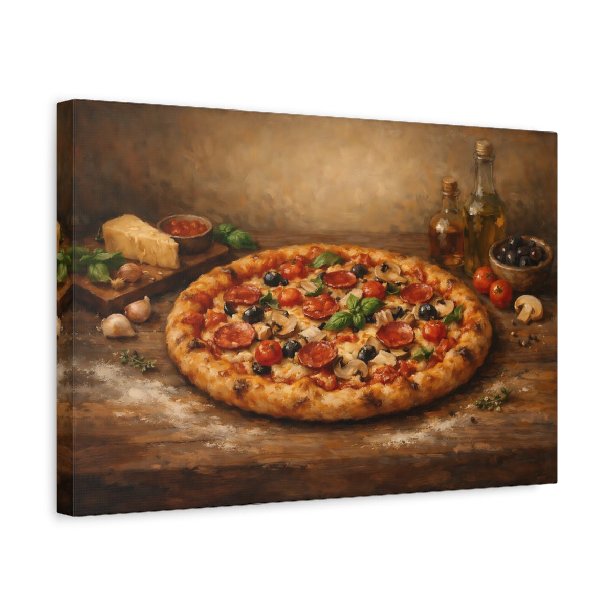 Side Mockup 4. Vintage Pizza Rustic Italian Food shown as stretched canvas wall art
