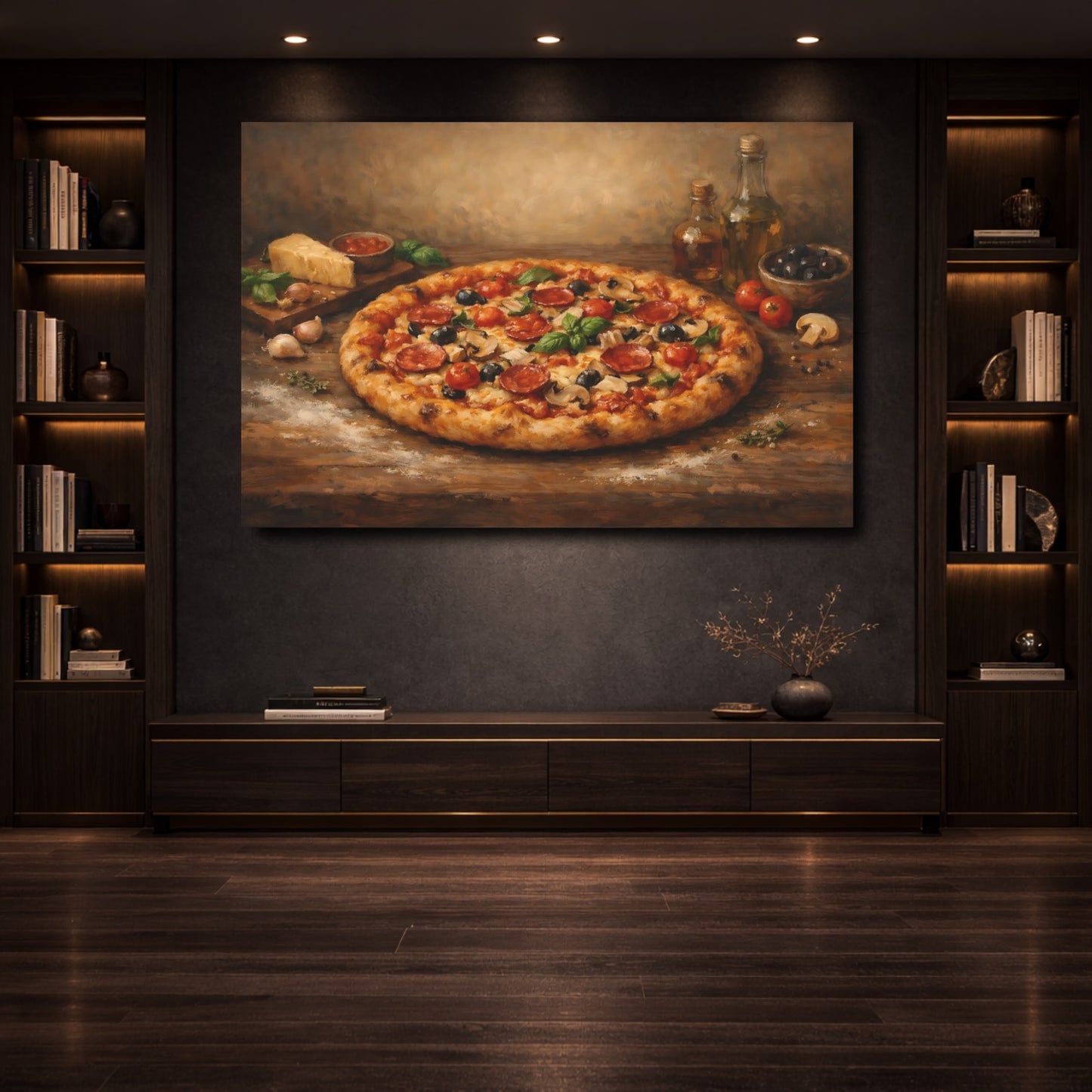 Mockup 3. Vintage Pizza Rustic Italian Food shown as stretched canvas wall art