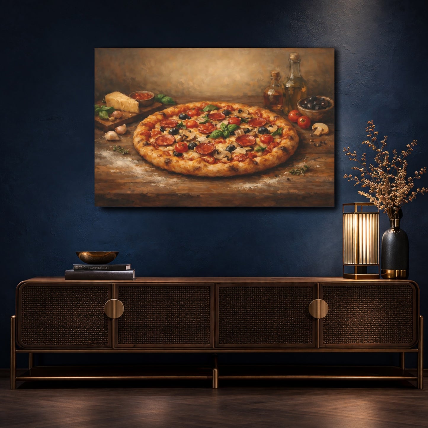 Mockup 4. Vintage Pizza Rustic Italian Food shown as stretched canvas wall art