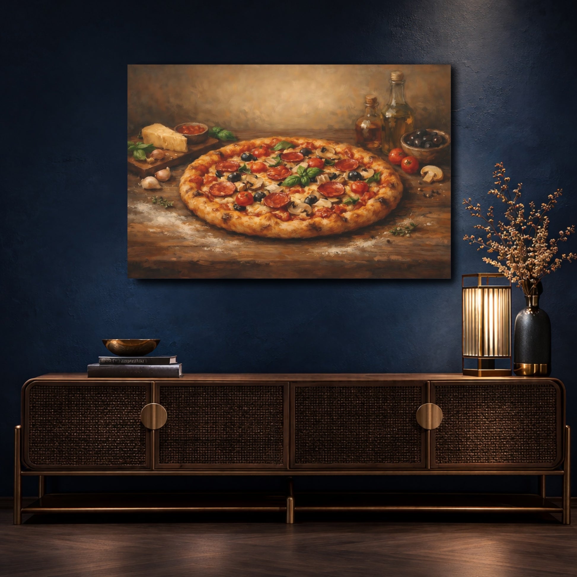 Mockup 4. Vintage Pizza Rustic Italian Food shown as stretched canvas wall art