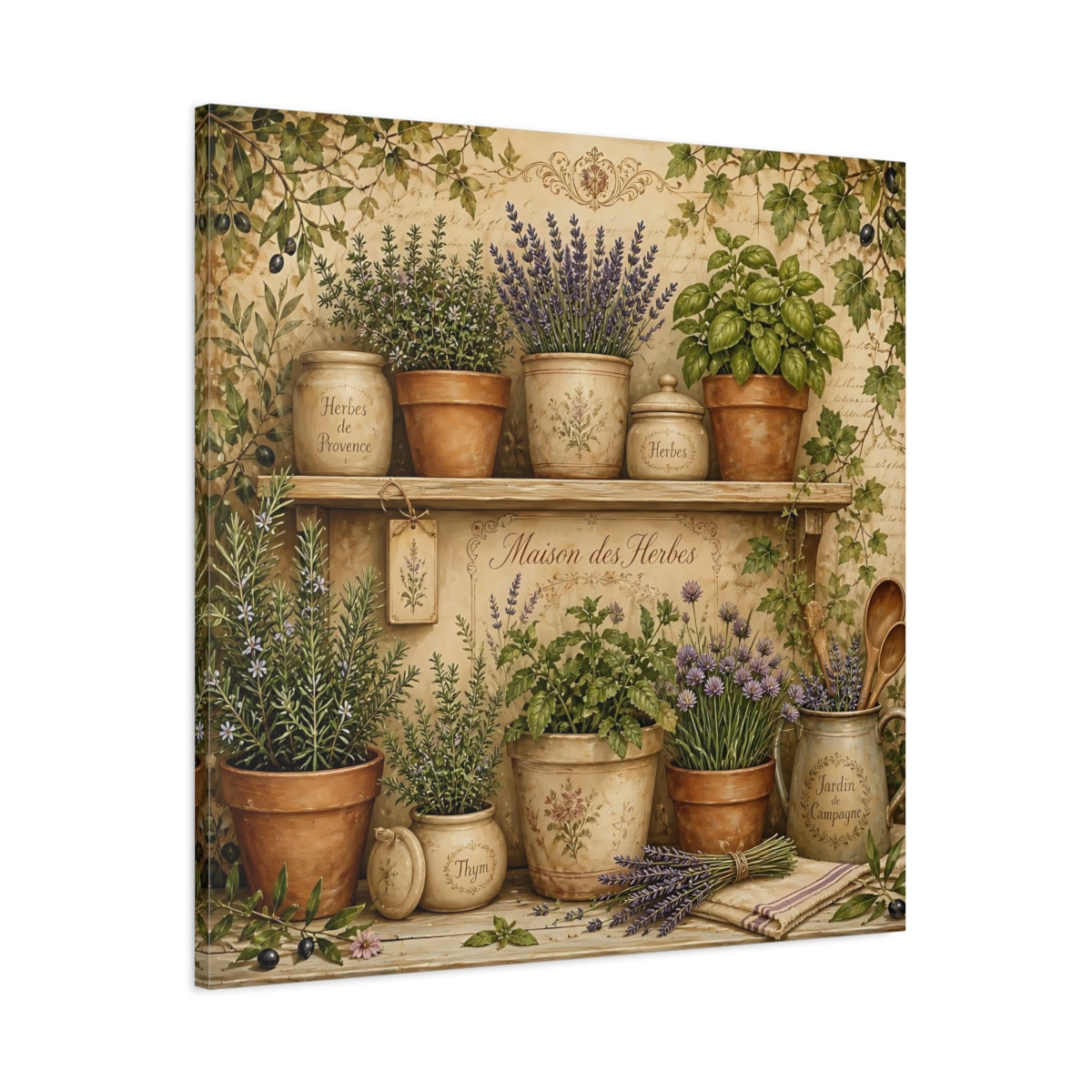 Main Mockup. Vintage Potted Herbs Green And Brown shown as stretched canvas wall art