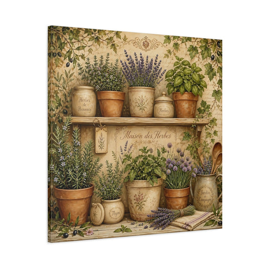 Main Mockup. Vintage Potted Herbs Green And Brown shown as stretched canvas wall art