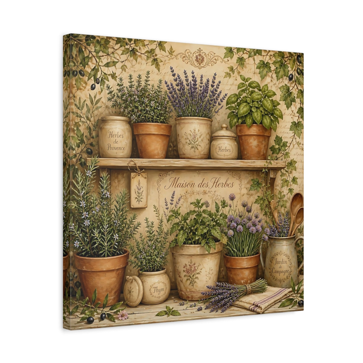 Side Mockup 5. Vintage Potted Herbs Green And Brown shown as stretched canvas wall art