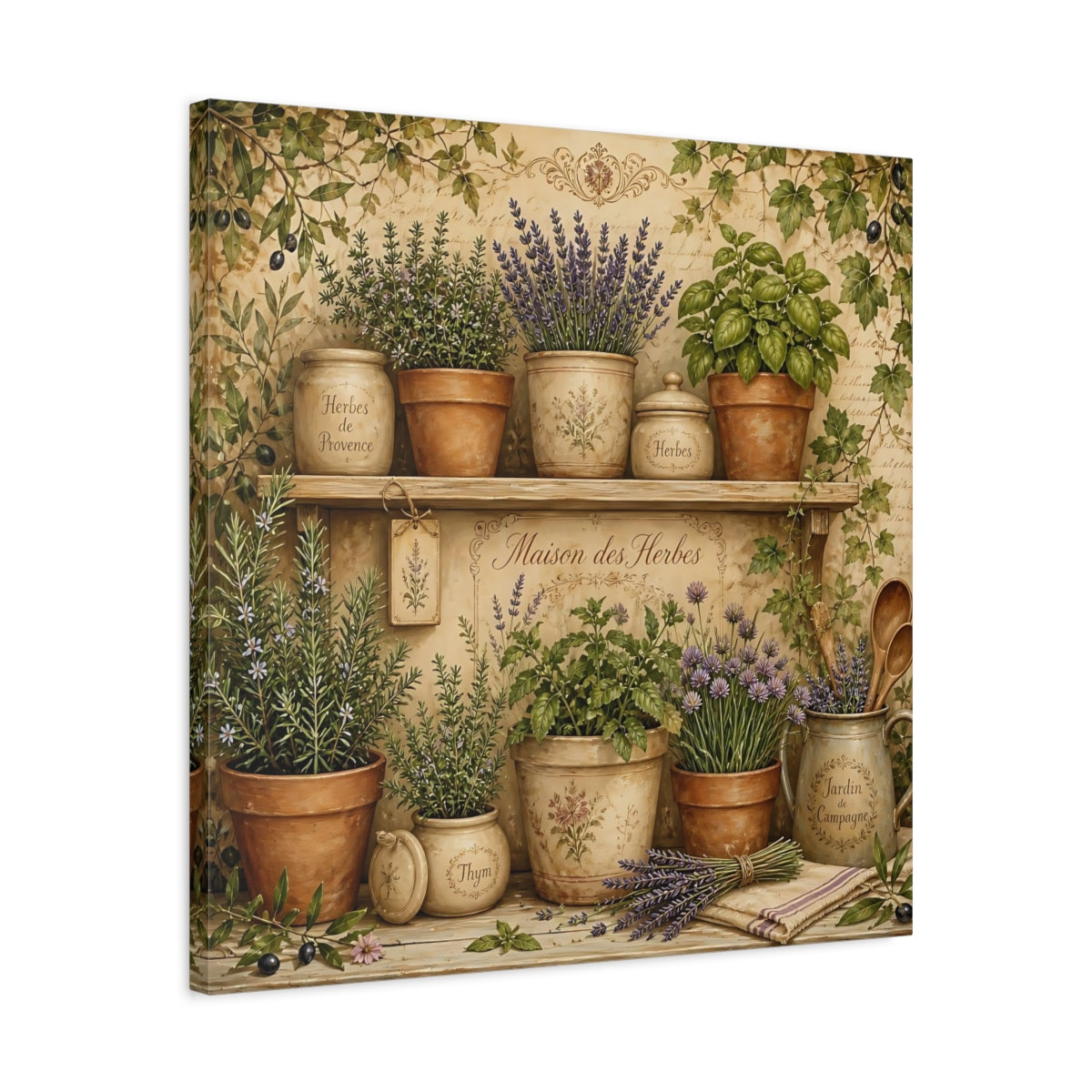 Side Mockup 4. Vintage Potted Herbs Green And Brown shown as stretched canvas wall art