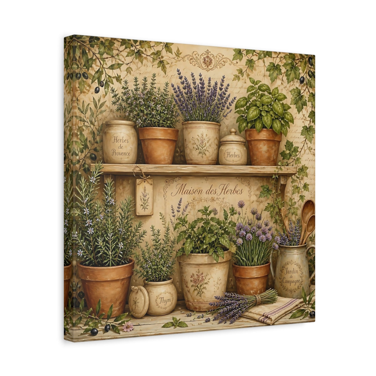 Side Mockup 6. Vintage Potted Herbs Green And Brown shown as stretched canvas wall art