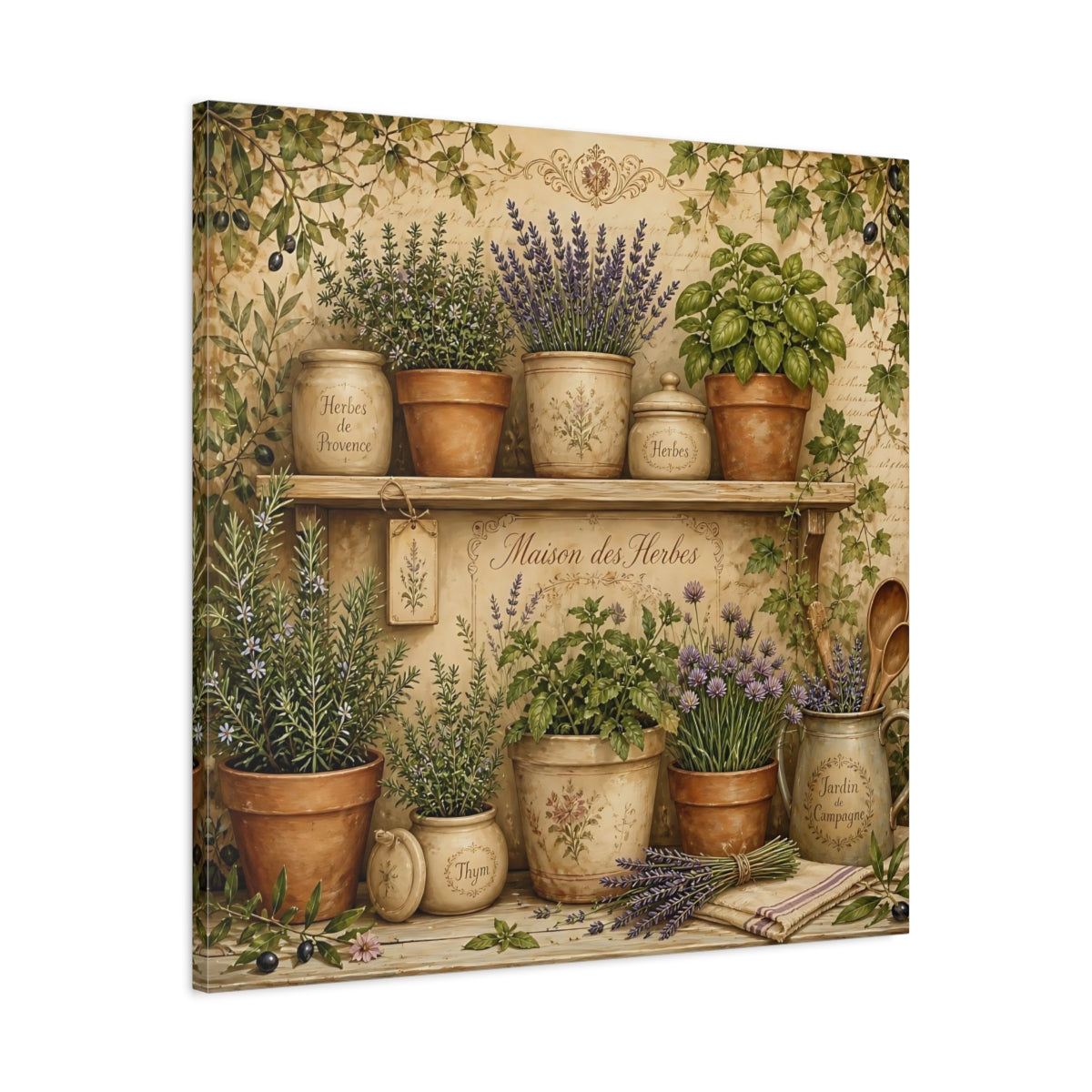 Side Mockup 3. Vintage Potted Herbs Green And Brown shown as stretched canvas wall art