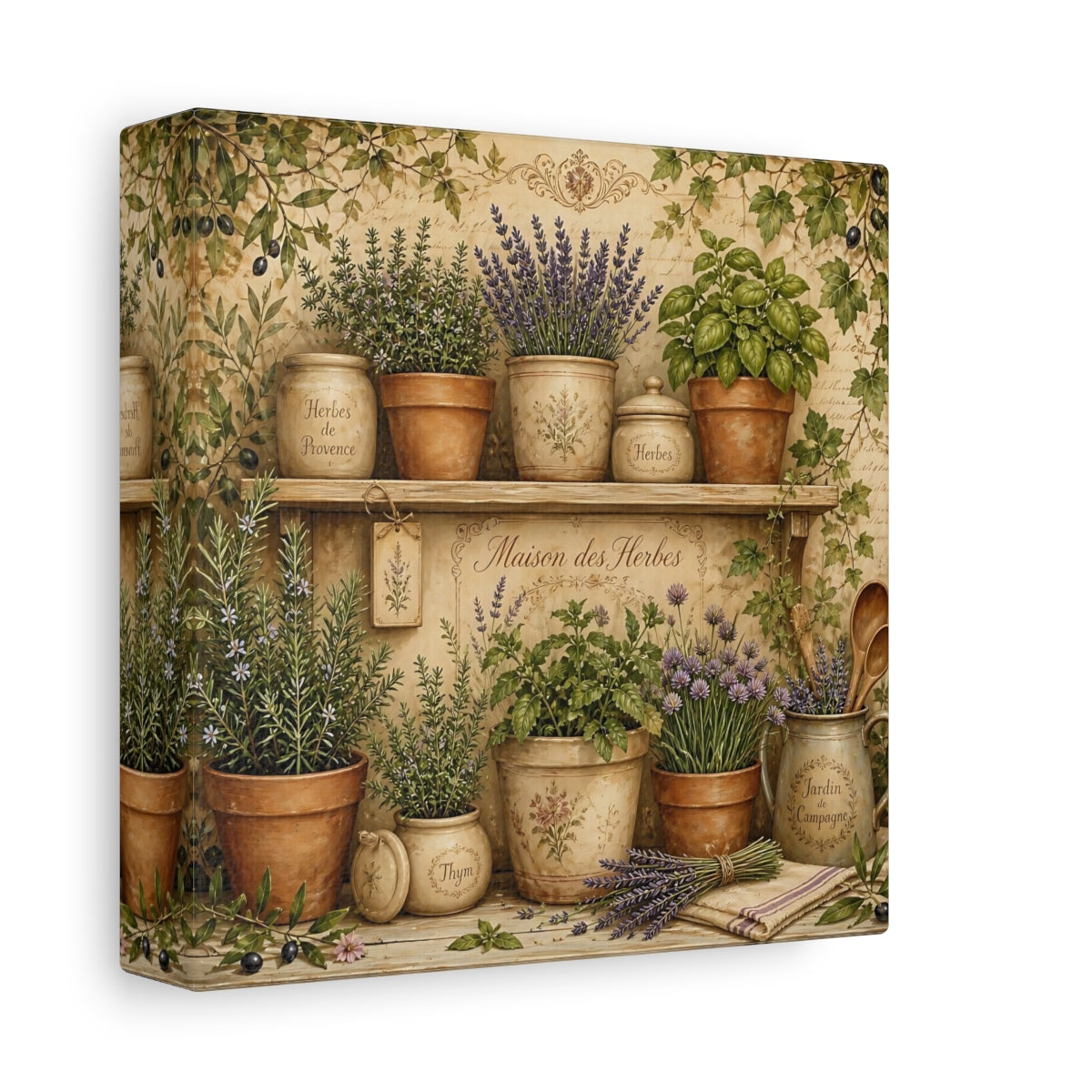 Side Mockup 2. Vintage Potted Herbs Green And Brown shown as stretched canvas wall art