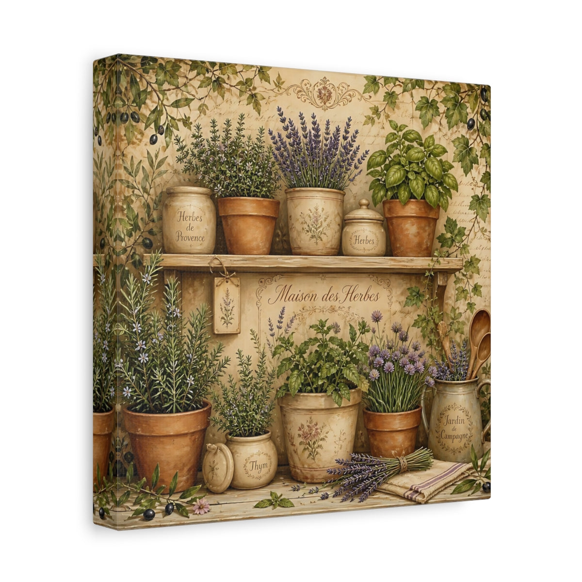 Side Mockup 9. Vintage Potted Herbs Green And Brown shown as stretched canvas wall art