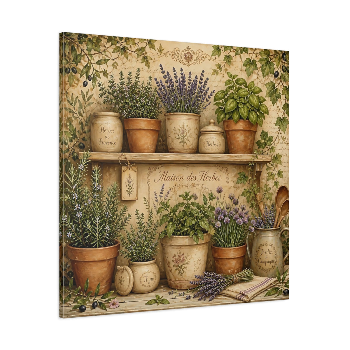 Side Mockup 1. Vintage Potted Herbs Green And Brown shown as stretched canvas wall art