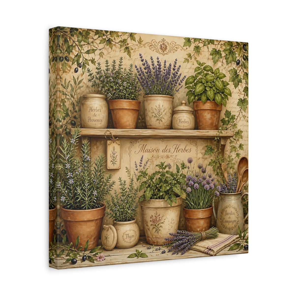 Side Mockup 7. Vintage Potted Herbs Green And Brown shown as stretched canvas wall art