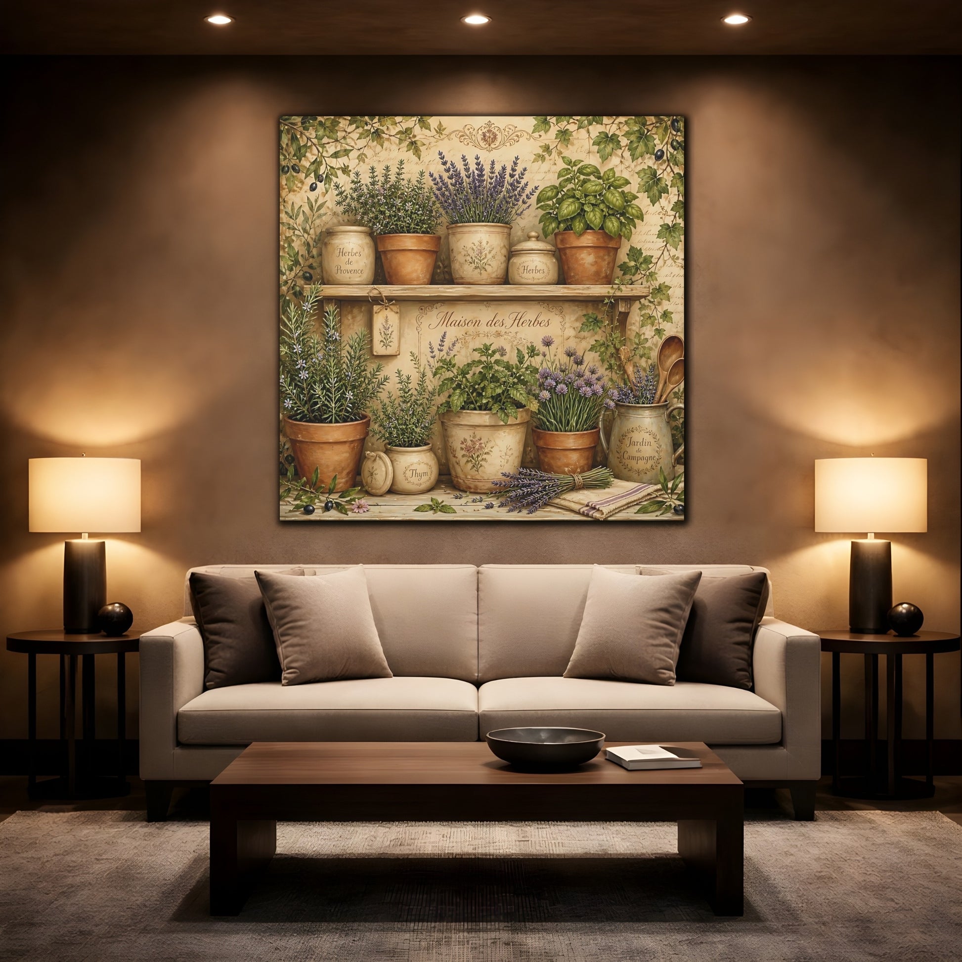 Mockup 2. Vintage Potted Herbs Green And Brown shown as stretched canvas wall art