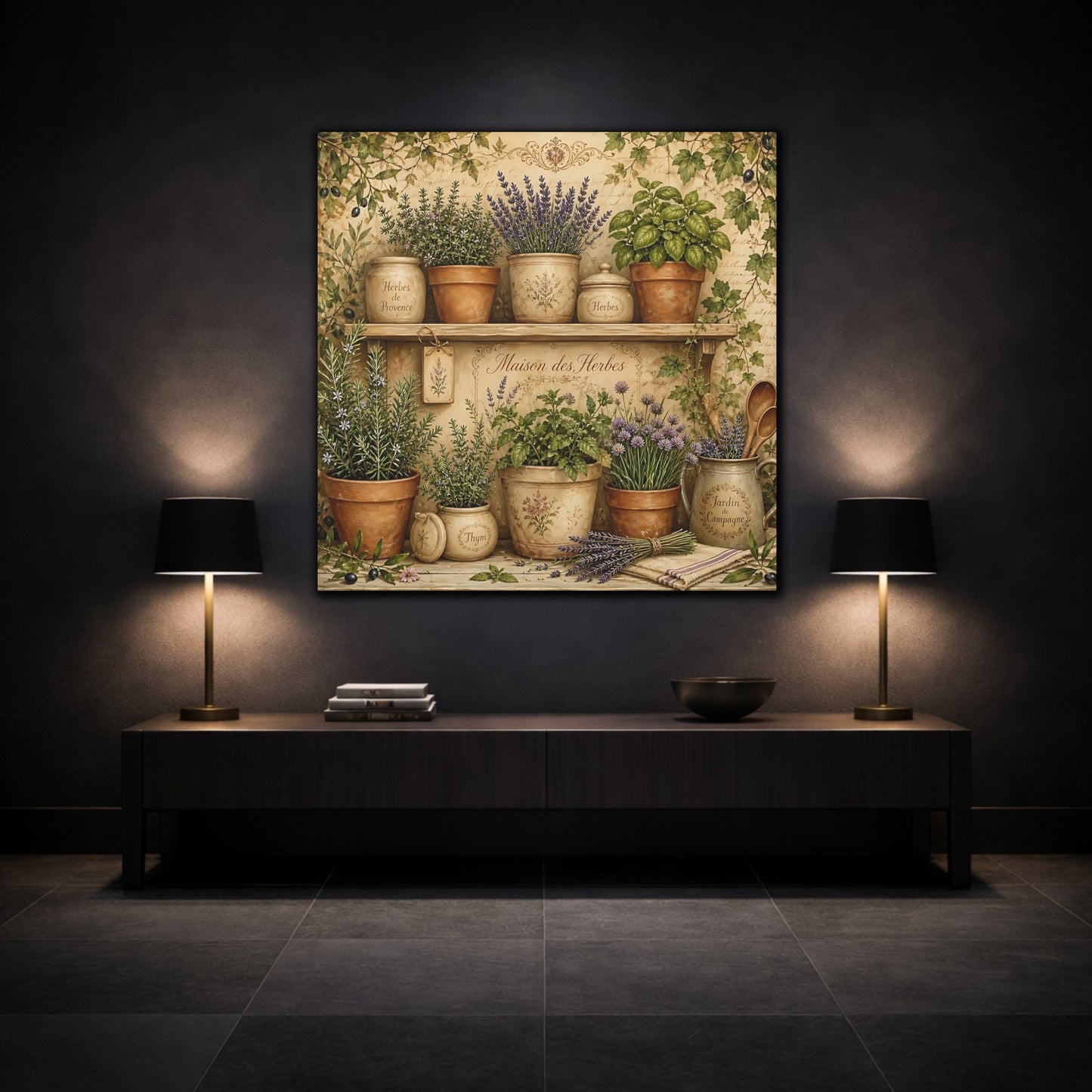 Mockup 3. Vintage Potted Herbs Green And Brown shown as stretched canvas wall art