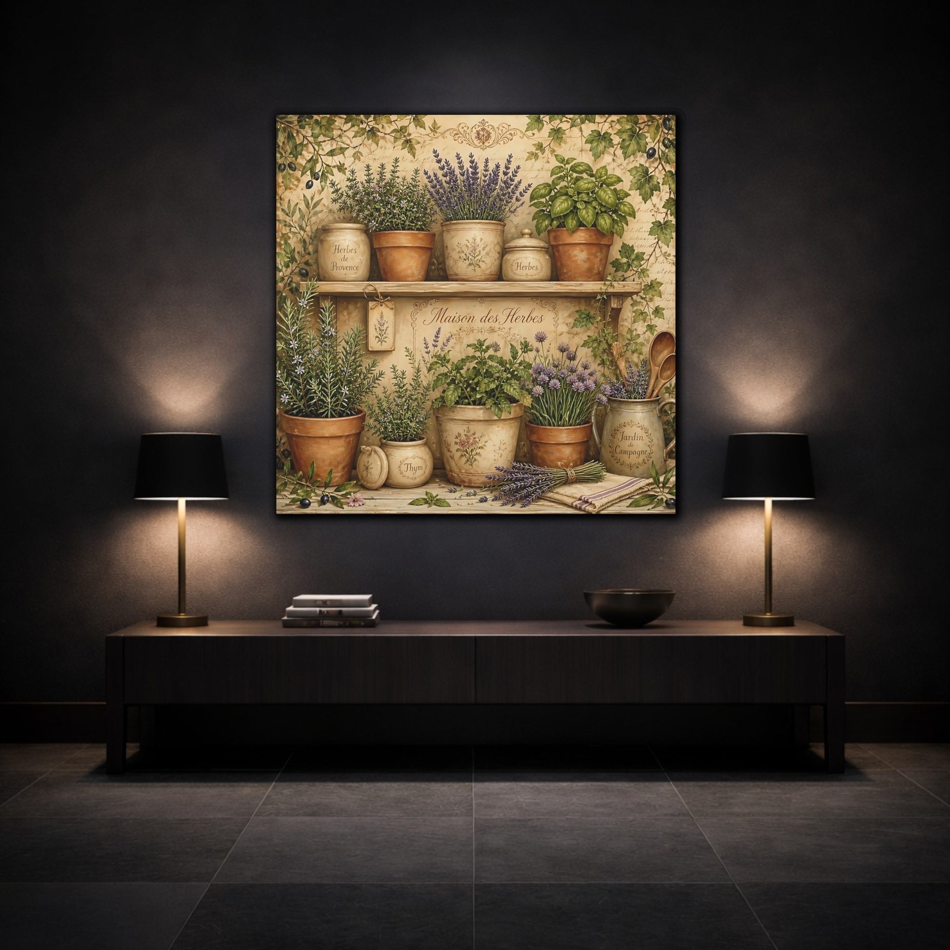 Mockup 3. Vintage Potted Herbs Green And Brown shown as stretched canvas wall art