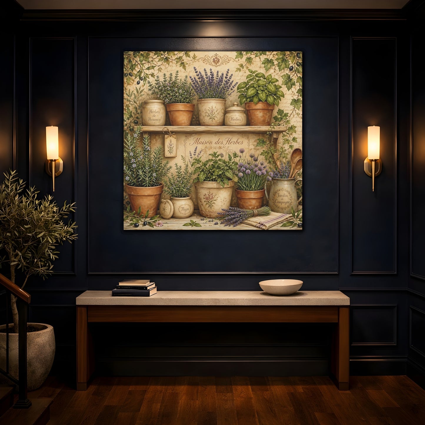 Mockup 4. Vintage Potted Herbs Green And Brown shown as stretched canvas wall art