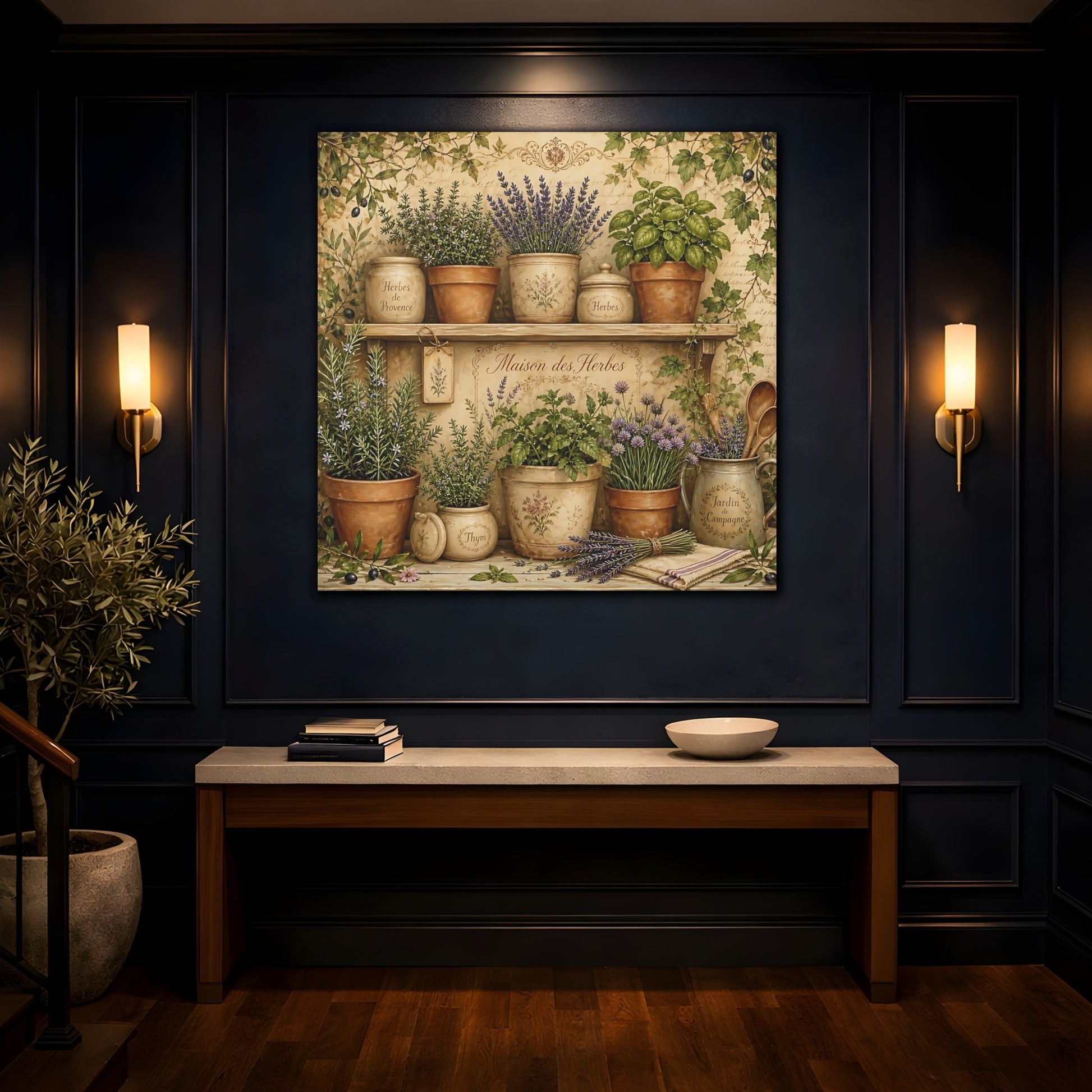 Mockup 4. Vintage Potted Herbs Green And Brown shown as stretched canvas wall art
