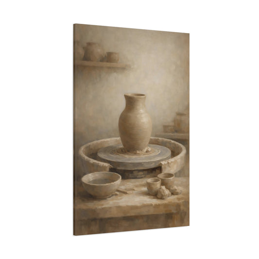 Main Mockup. Vintage Pottery Brown And Beige shown as stretched canvas wall art
