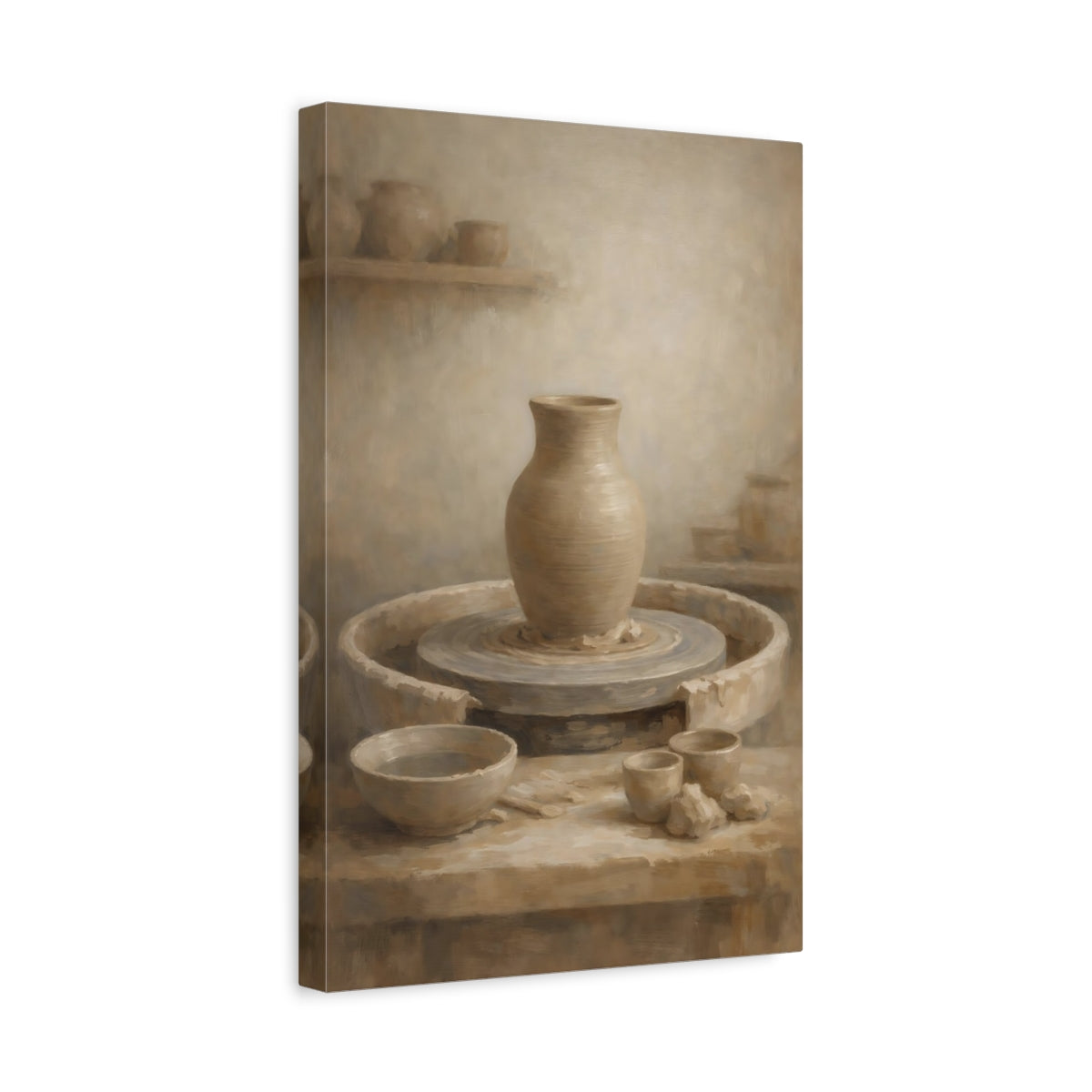 Side Mockup 4. Vintage Pottery Brown And Beige shown as stretched canvas wall art