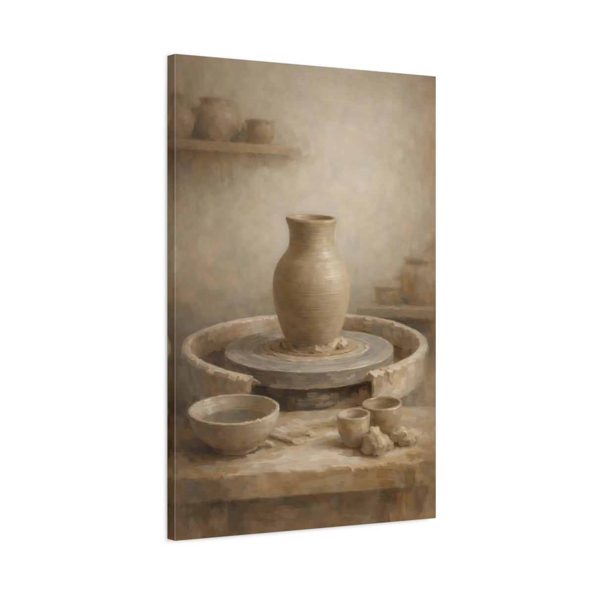 Side Mockup 1. Vintage Pottery Brown And Beige shown as stretched canvas wall art