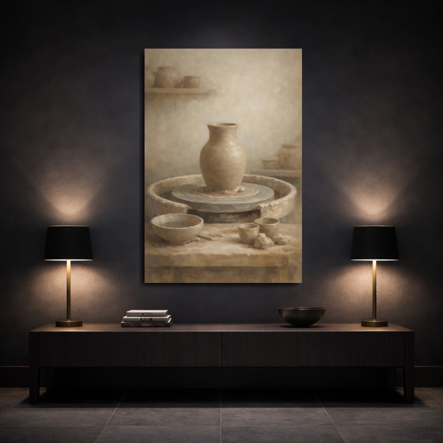 Mockup 2. Vintage Pottery Brown And Beige shown as stretched canvas wall art