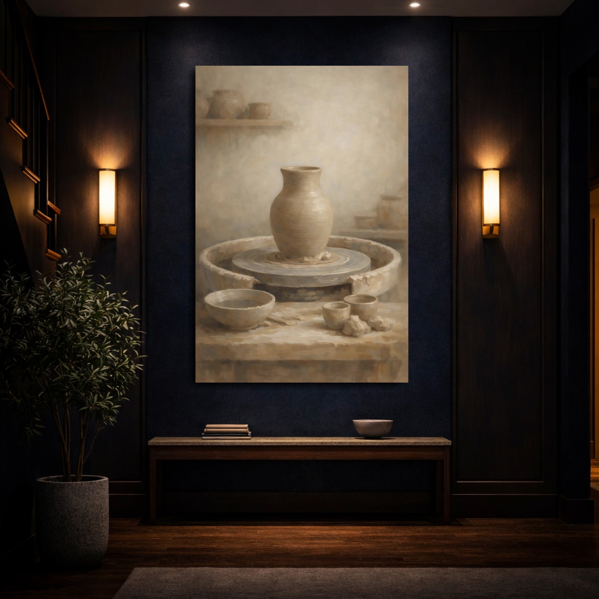 Mockup 3. Vintage Pottery Brown And Beige shown as stretched canvas wall art