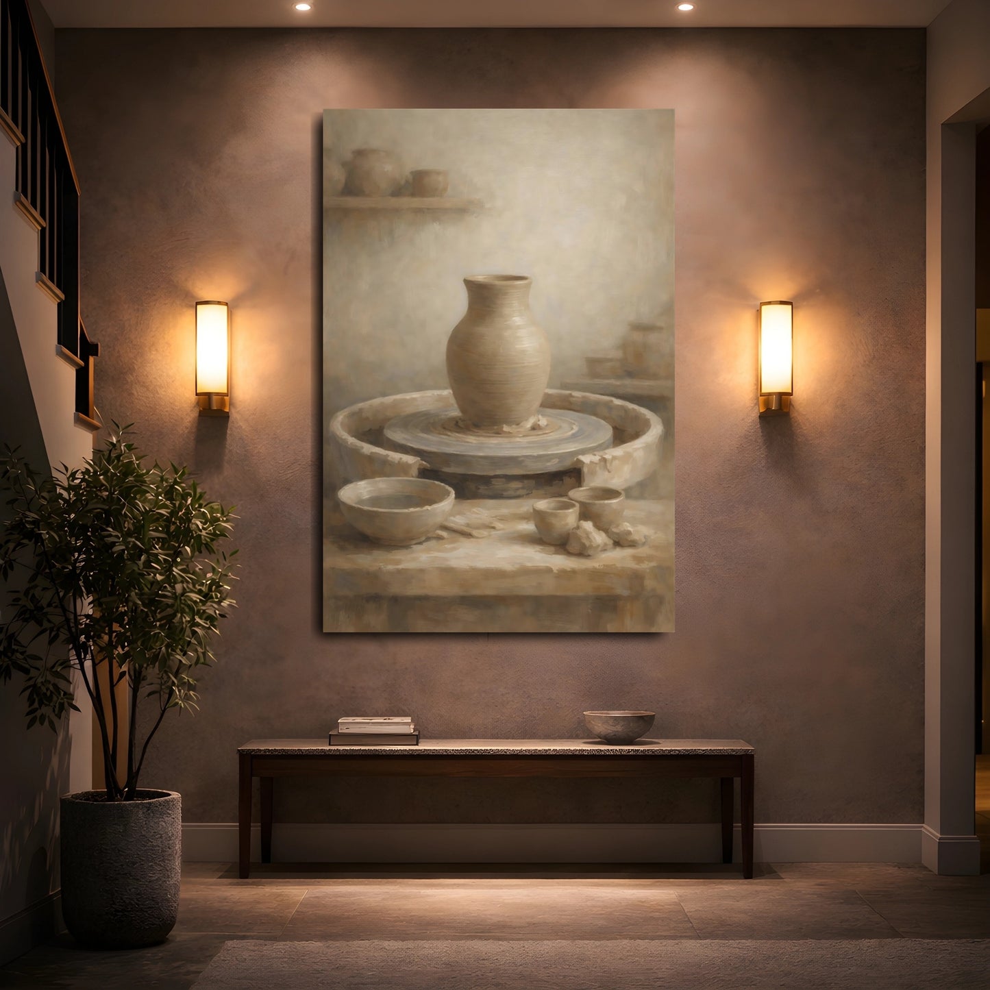 Mockup 4. Vintage Pottery Brown And Beige shown as stretched canvas wall art