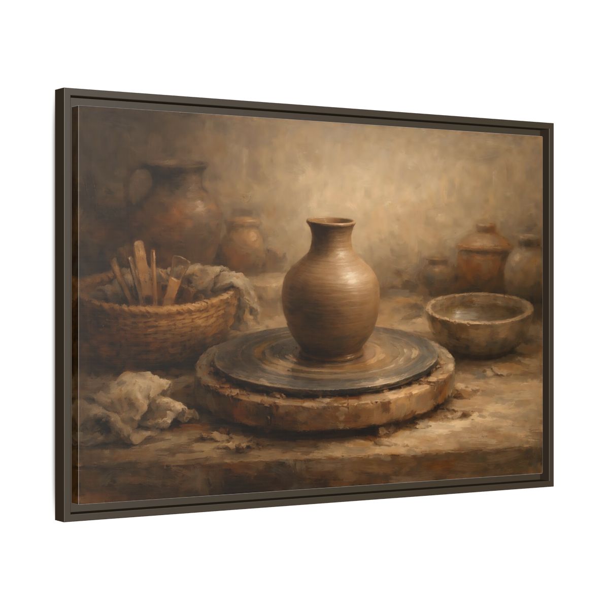 Side Mockup 9. Vintage Pottery Brown Pottery shown as stretched canvas wall art