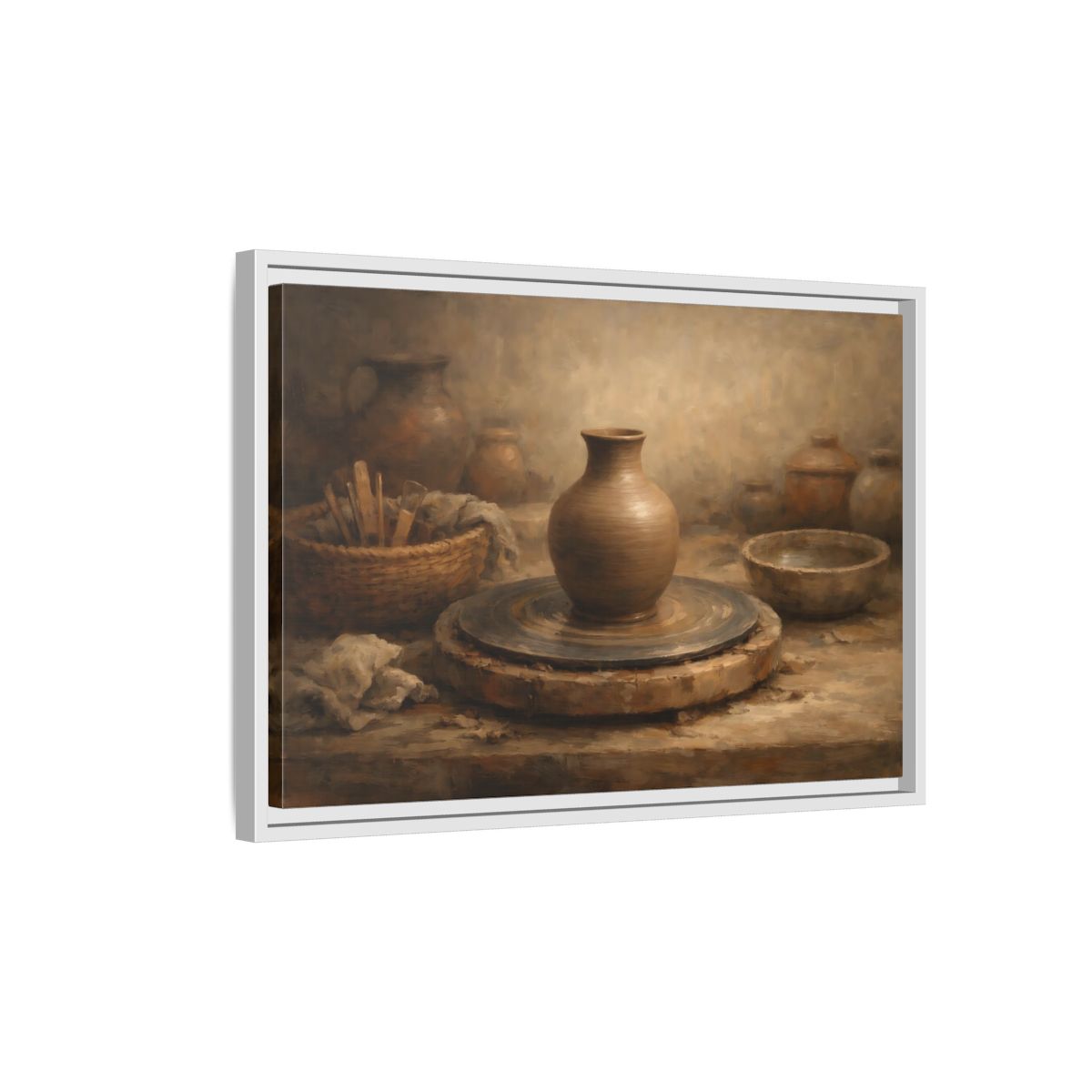 Side Mockup 1. Vintage Pottery Brown Pottery shown as stretched canvas wall art