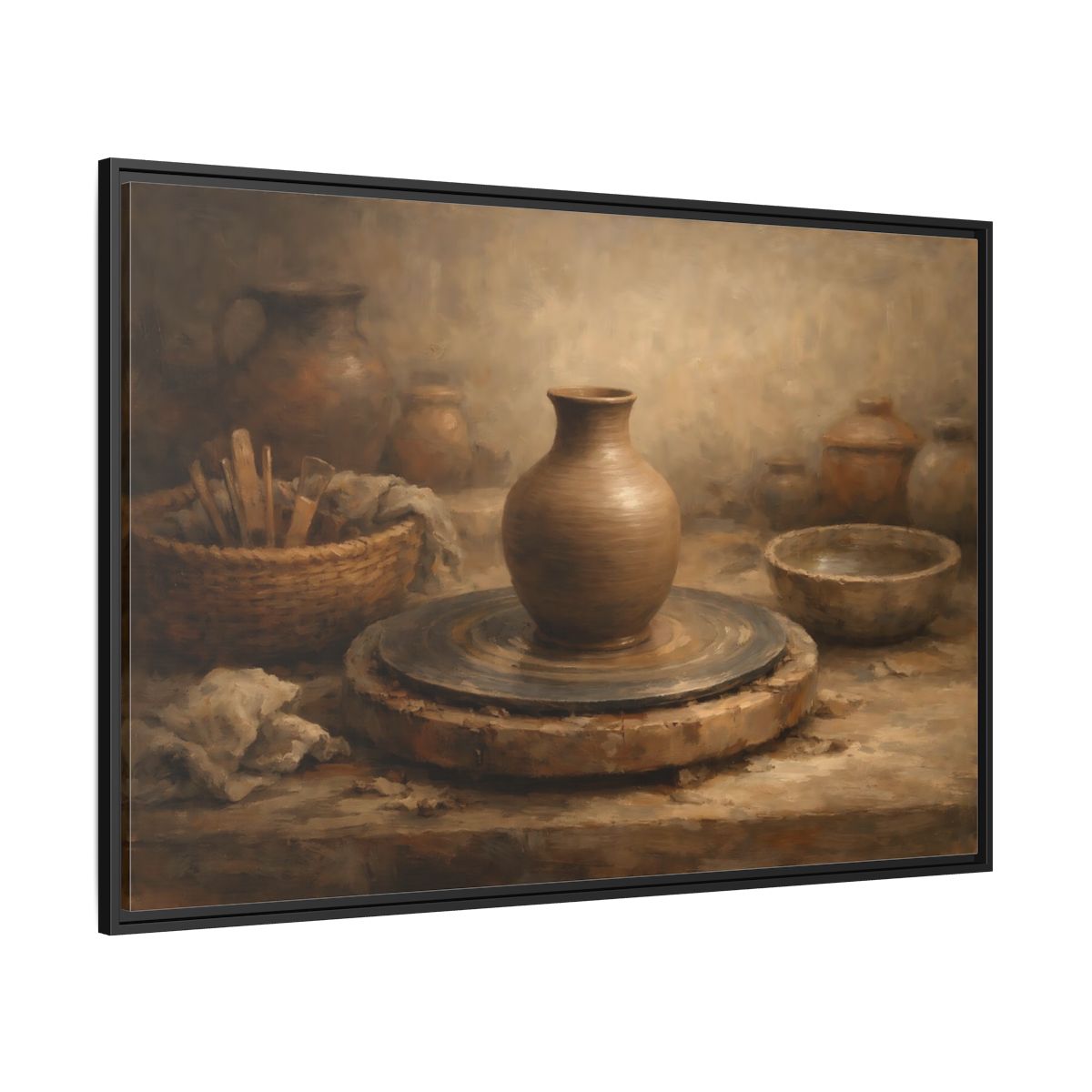 Side Mockup 12. Vintage Pottery Brown Pottery shown as stretched canvas wall art