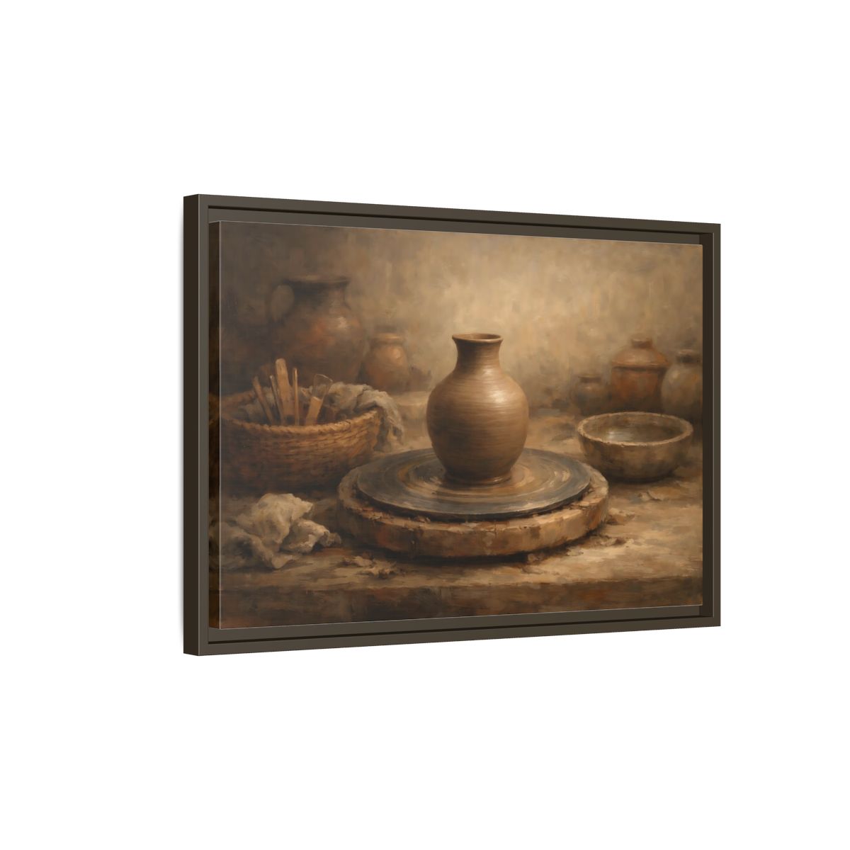 Side Mockup 2. Vintage Pottery Brown Pottery shown as stretched canvas wall art