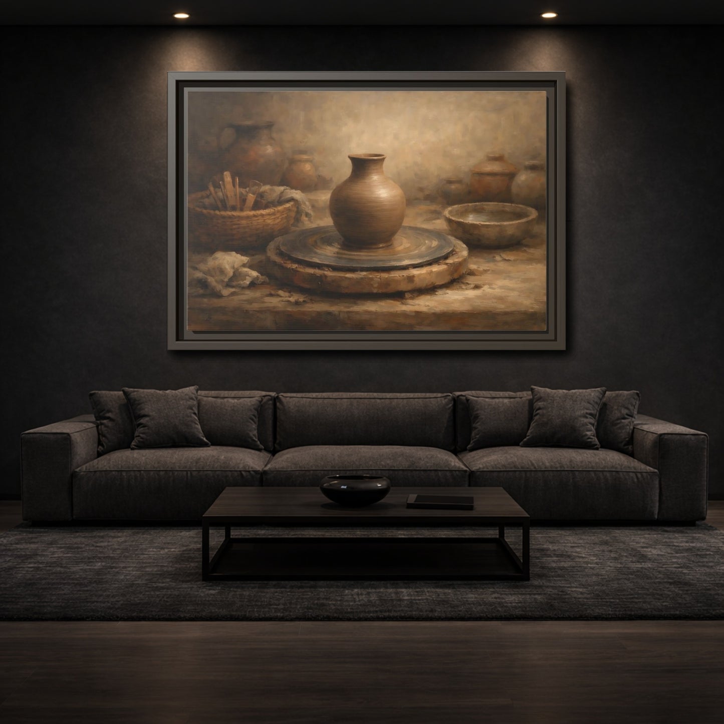 Mockup 2. Vintage Pottery Brown Pottery shown as stretched canvas wall art