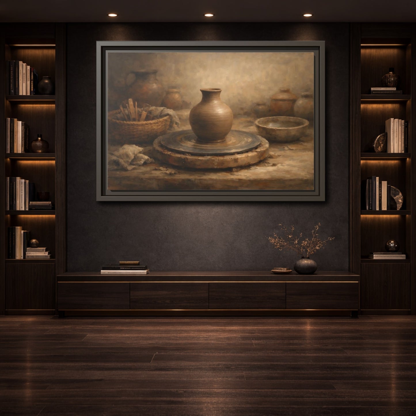 Mockup 3. Vintage Pottery Brown Pottery shown as stretched canvas wall art