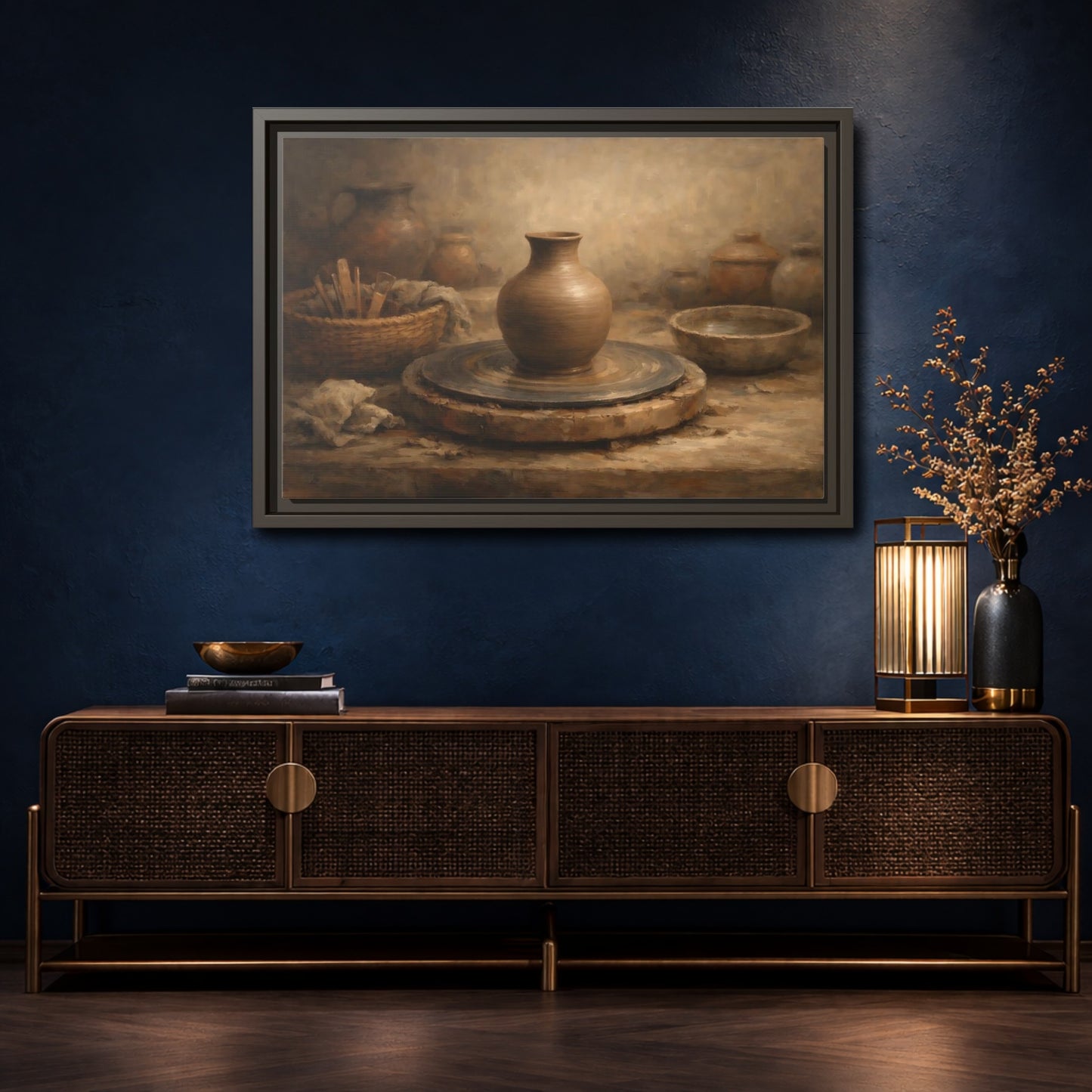 Mockup 4. Vintage Pottery Brown Pottery shown as stretched canvas wall art