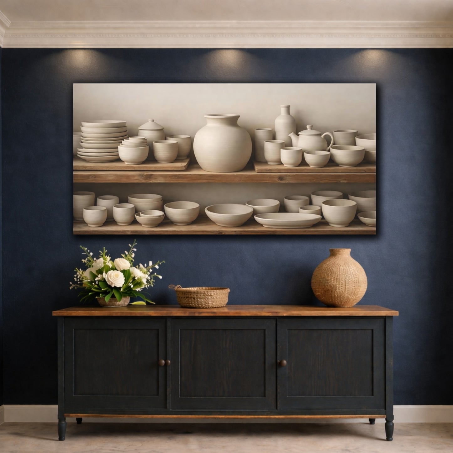 Mockup 4. Vintage Pottery Neutral Pottery shown as stretched canvas wall art