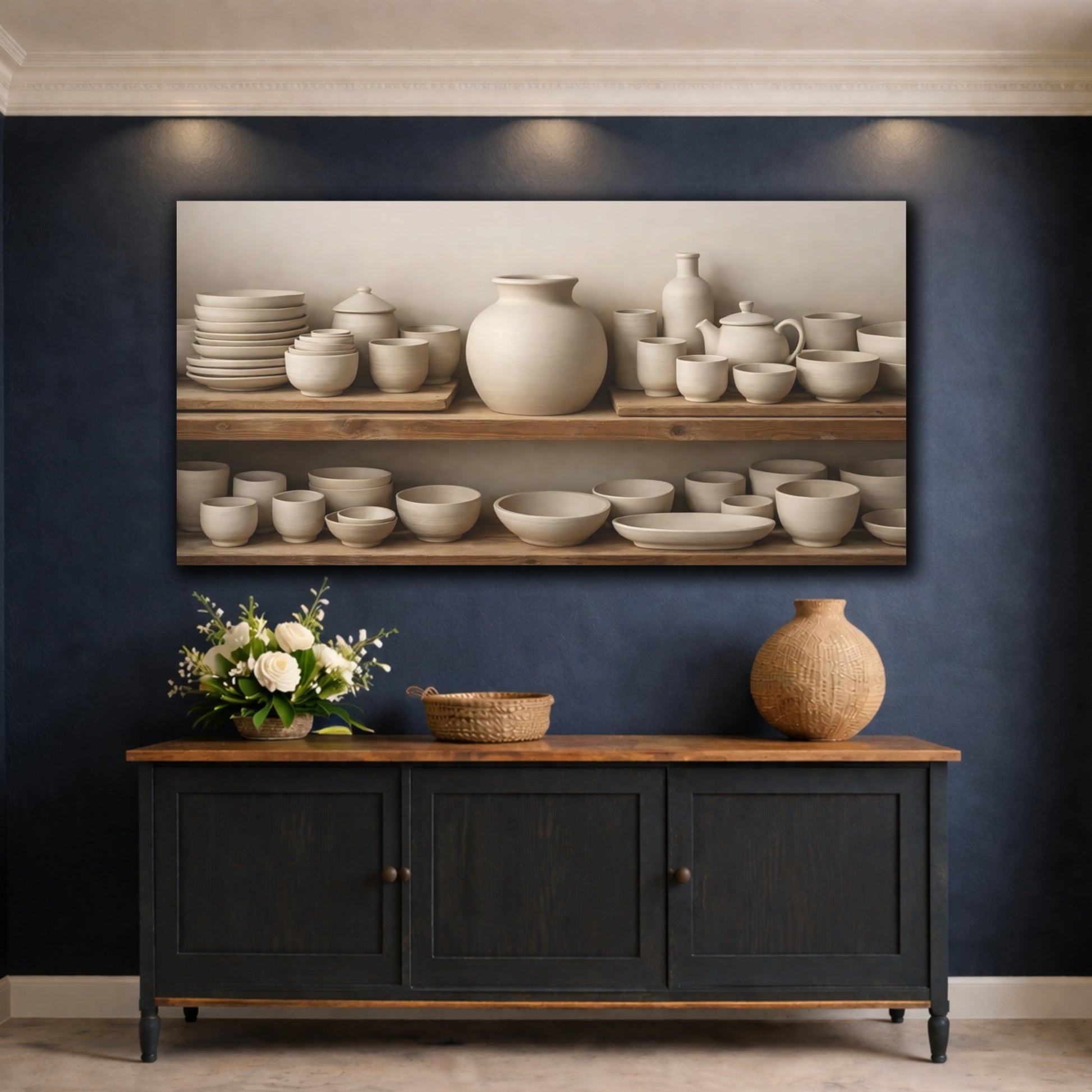 Mockup 4. Vintage Pottery Neutral Pottery shown as stretched canvas wall art