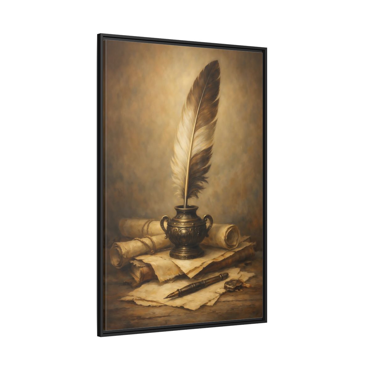 Main Mockup. Vintage Quill Pen Brown And Gold shown as stretched canvas wall art