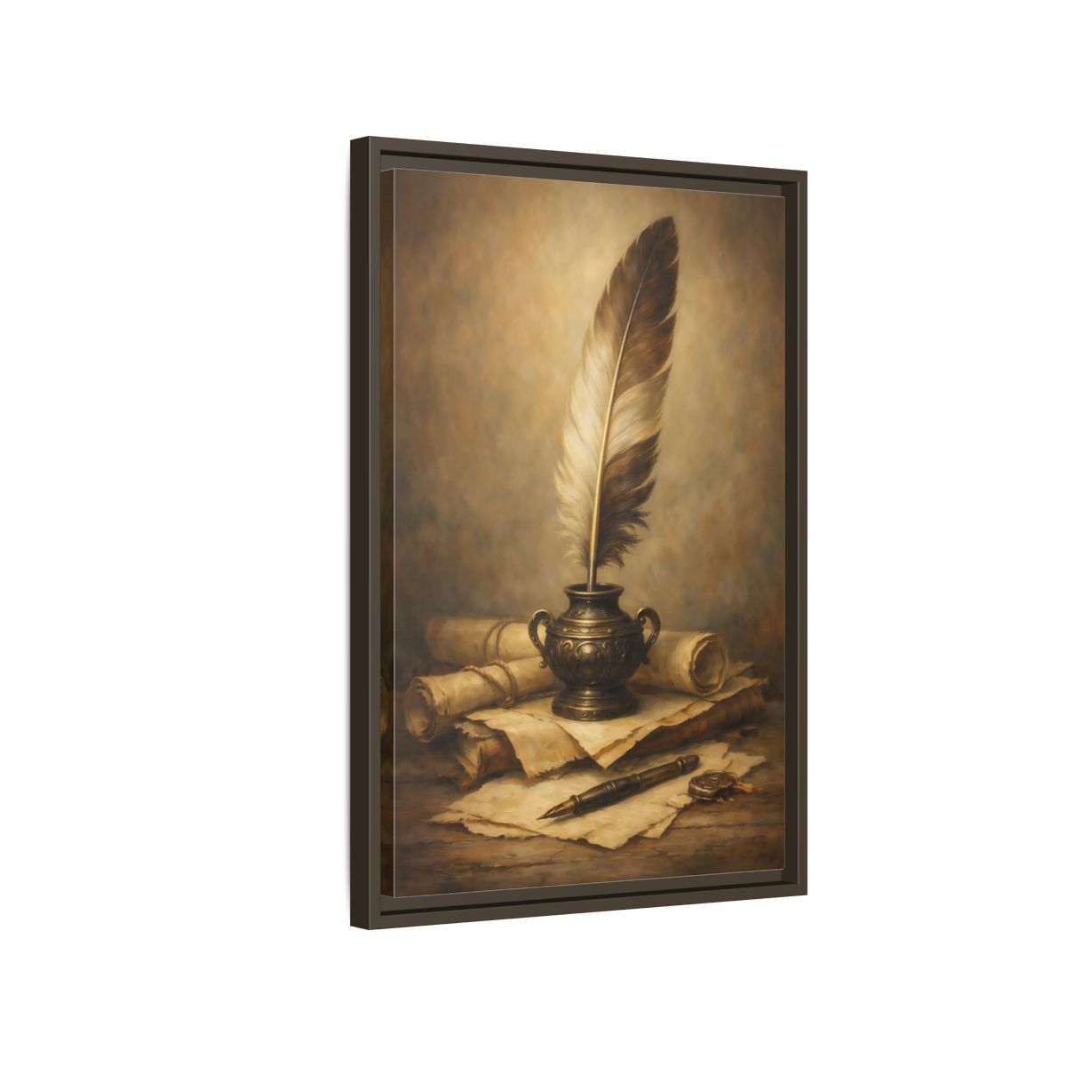 Side Mockup 2. Vintage Quill Pen Brown And Gold shown as stretched canvas wall art