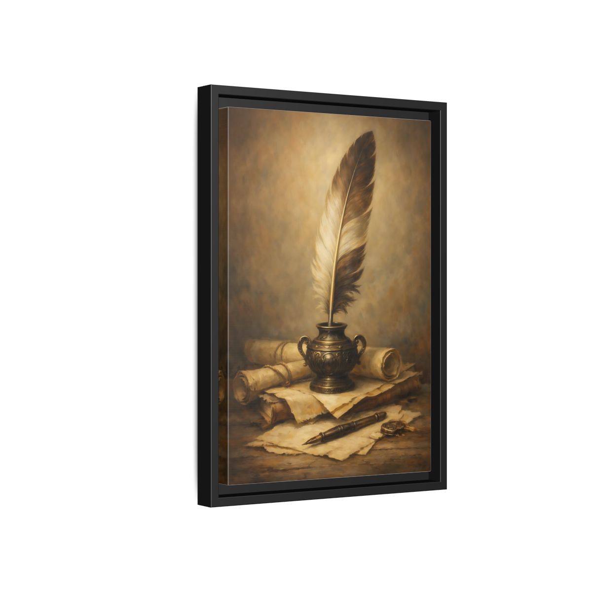 Side Mockup 6. Vintage Quill Pen Brown And Gold shown as stretched canvas wall art