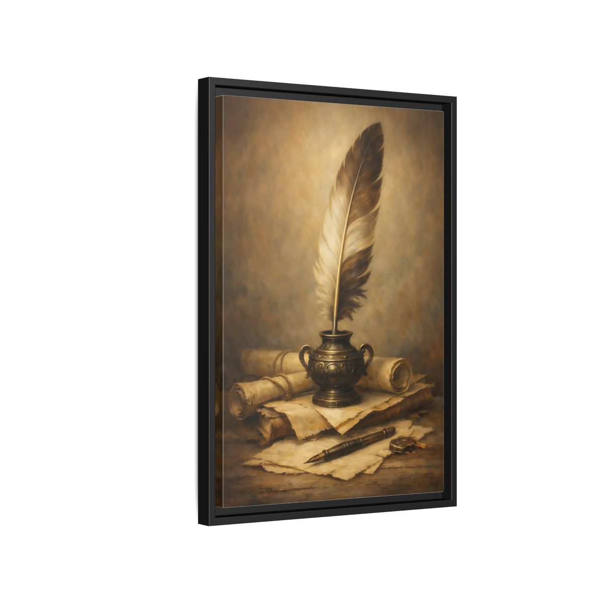 Side Mockup 3. Vintage Quill Pen Brown And Gold shown as stretched canvas wall art