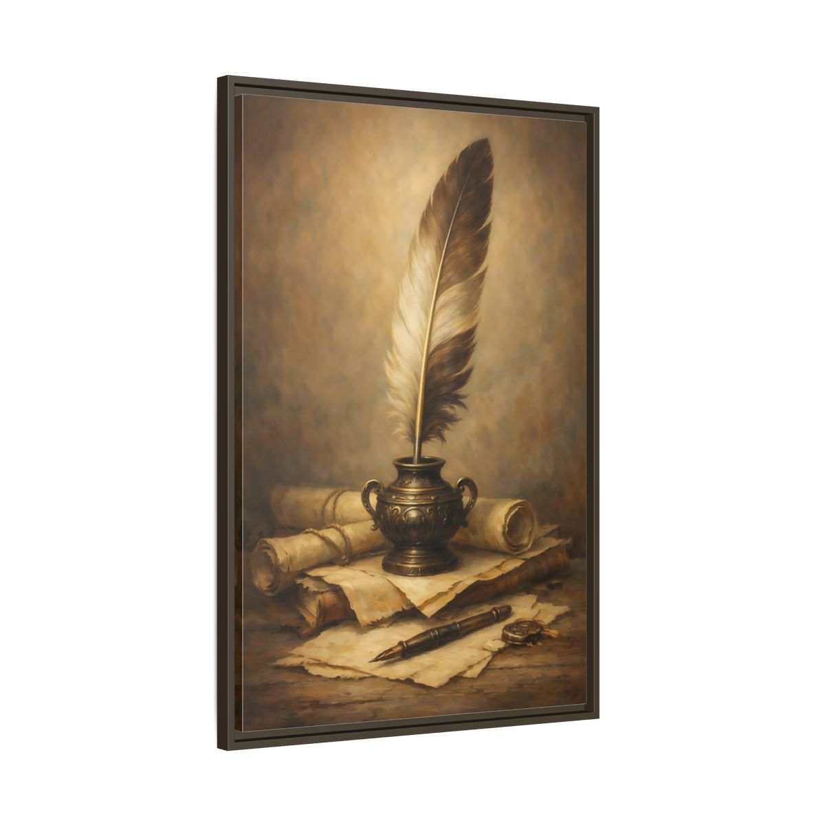 Side Mockup 10. Vintage Quill Pen Brown And Gold shown as stretched canvas wall art