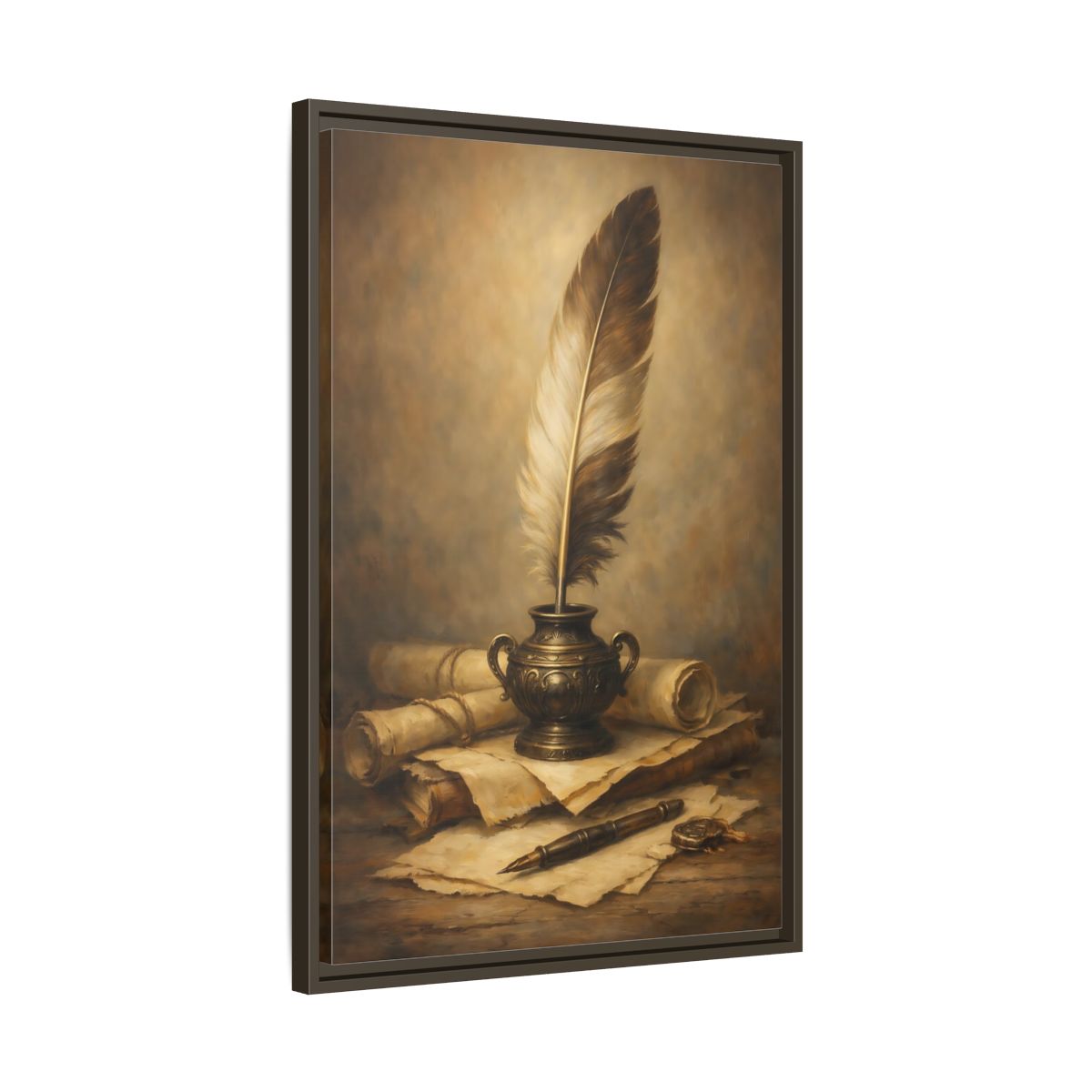 Side Mockup 12. Vintage Quill Pen Brown And Gold shown as stretched canvas wall art