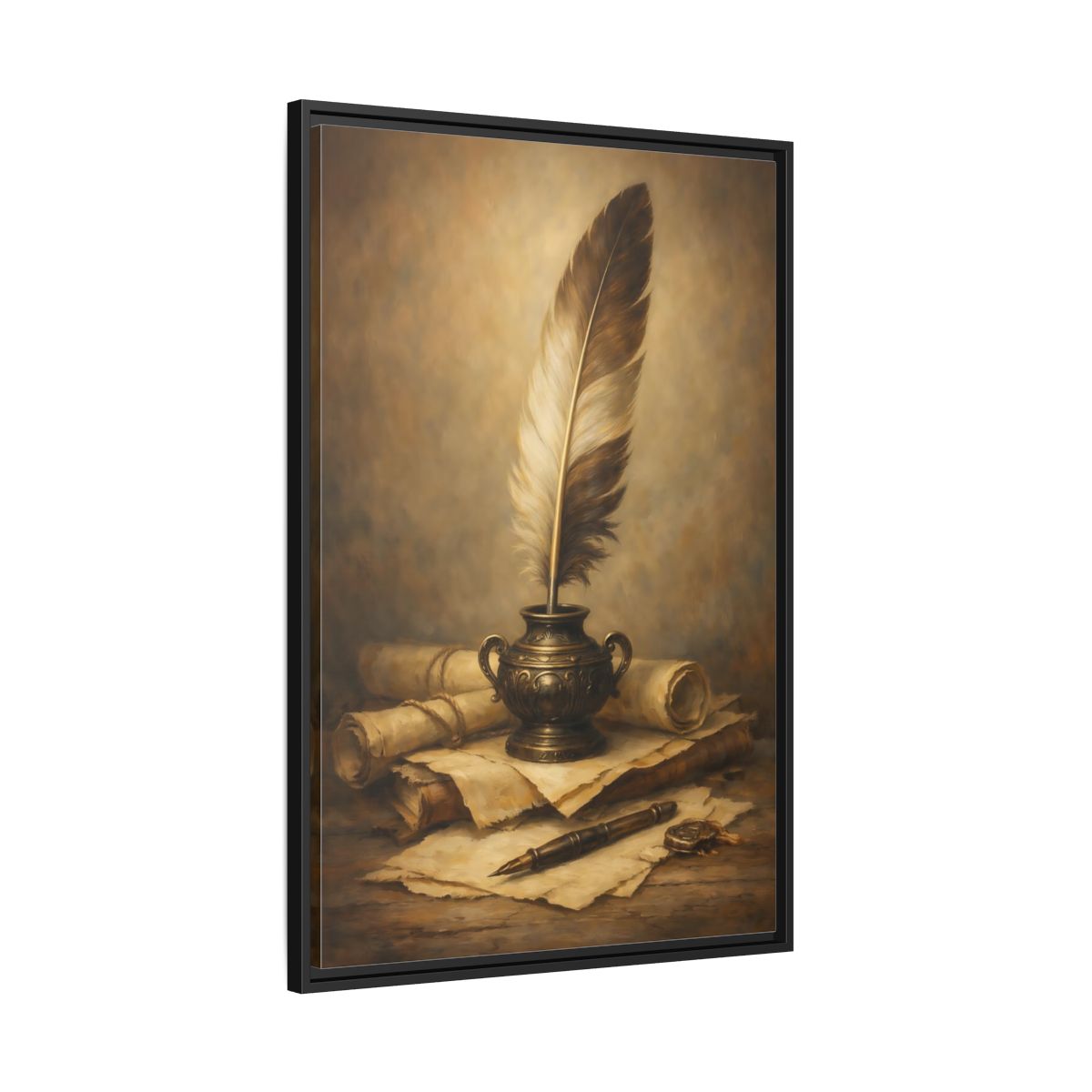 Side Mockup 13. Vintage Quill Pen Brown And Gold shown as stretched canvas wall art