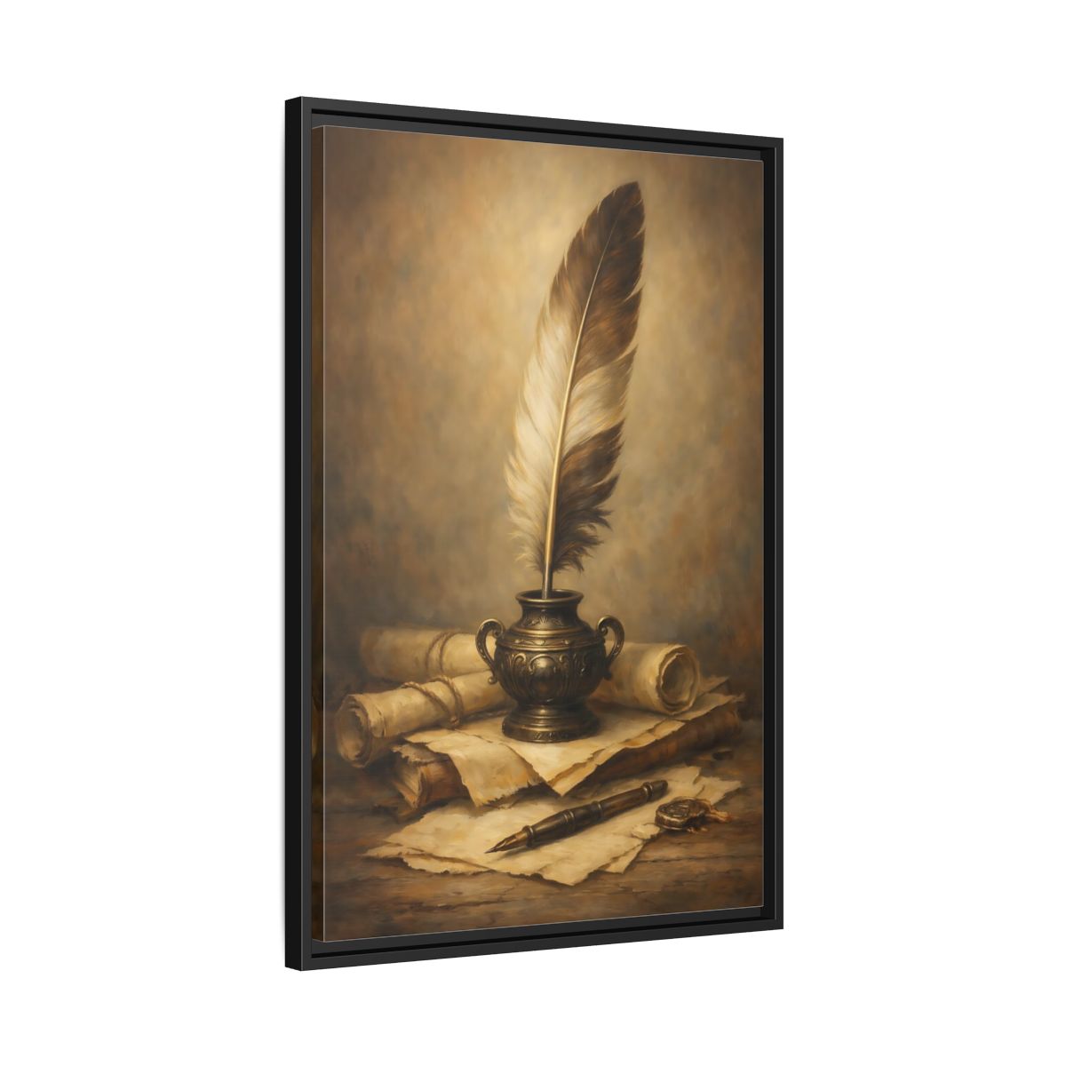 Side Mockup 14. Vintage Quill Pen Brown And Gold shown as stretched canvas wall art