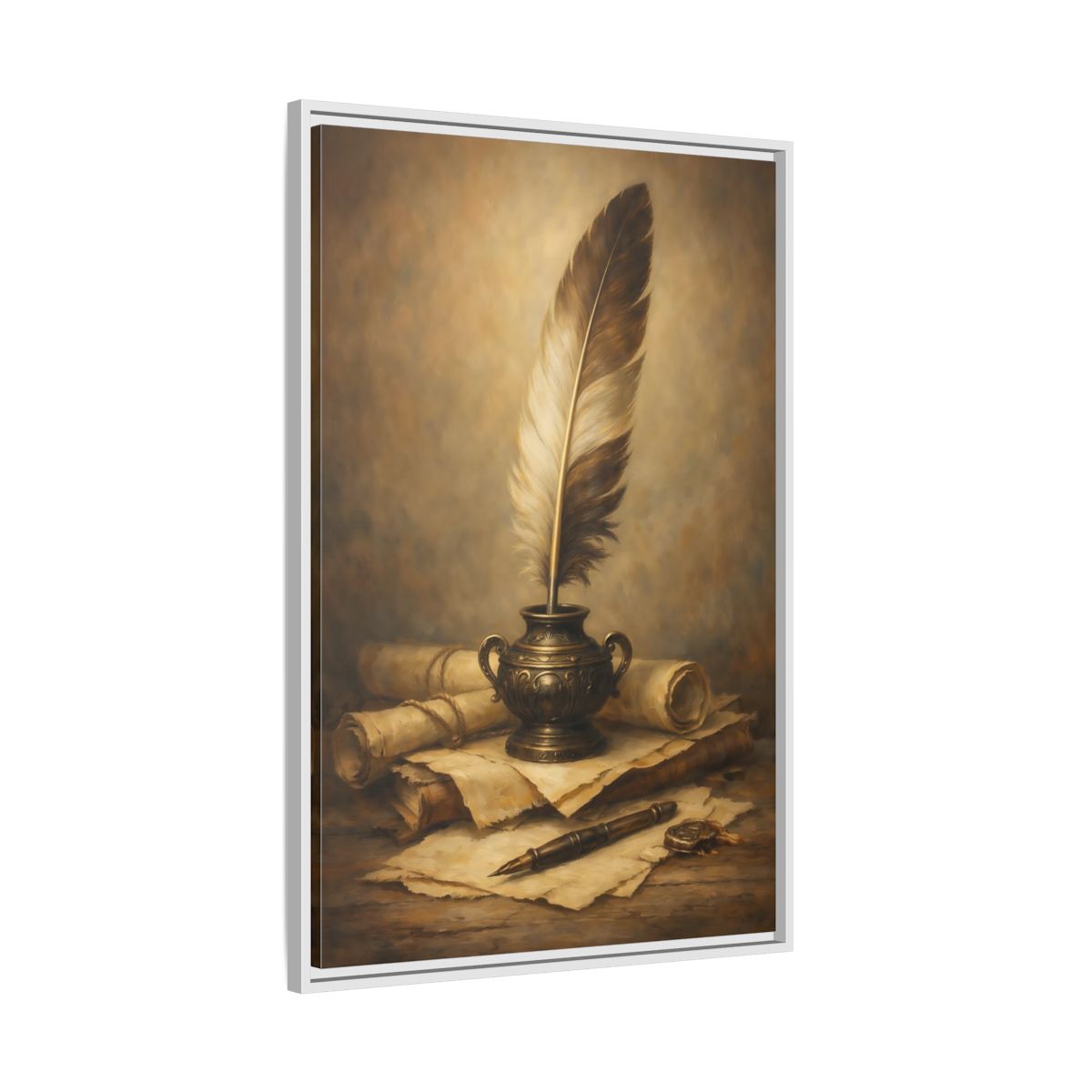Side Mockup 9. Vintage Quill Pen Brown And Gold shown as stretched canvas wall art
