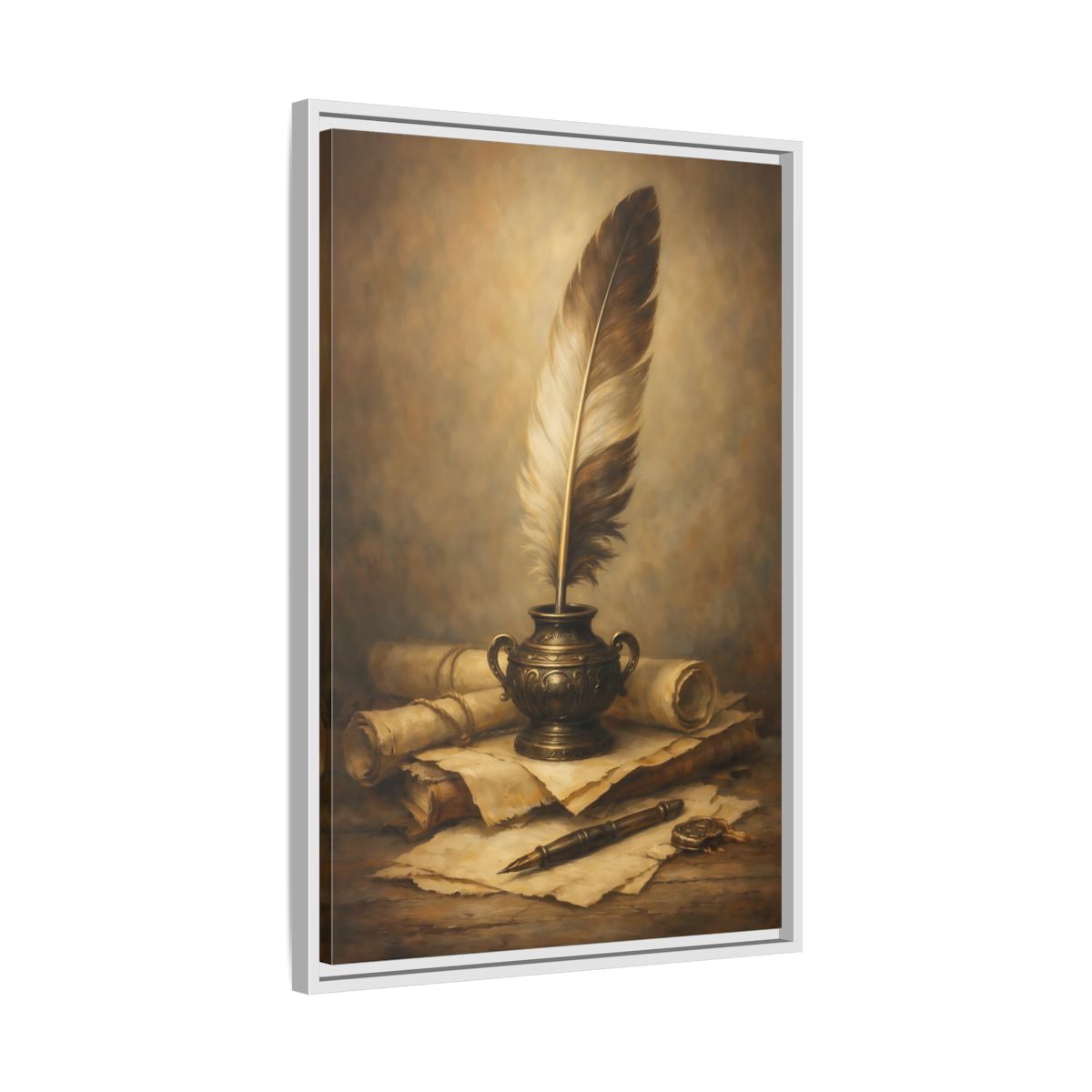 Side Mockup 11. Vintage Quill Pen Brown And Gold shown as stretched canvas wall art