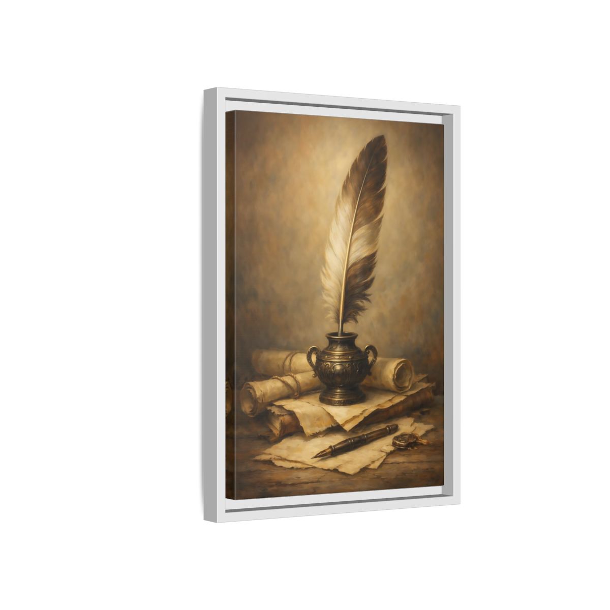 Side Mockup 4. Vintage Quill Pen Brown And Gold shown as stretched canvas wall art