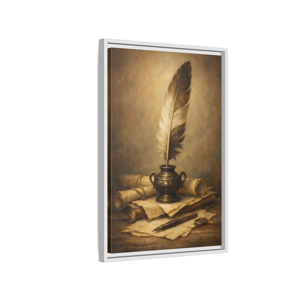 Side Mockup 1. Vintage Quill Pen Brown And Gold shown as stretched canvas wall art