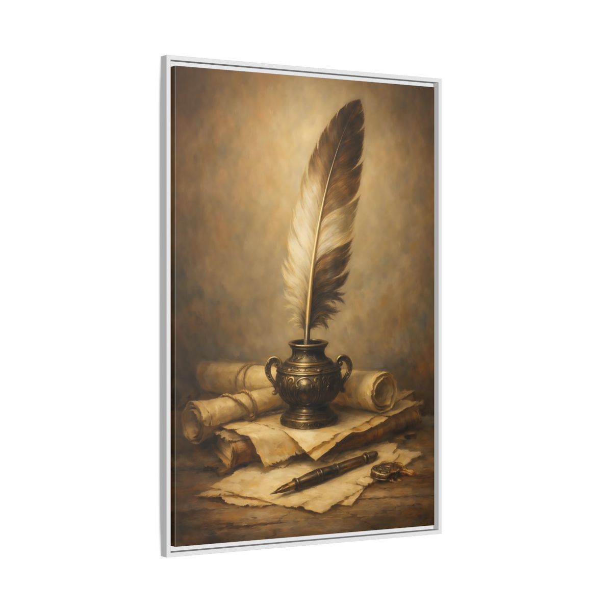 Side Mockup 7. Vintage Quill Pen Brown And Gold shown as stretched canvas wall art